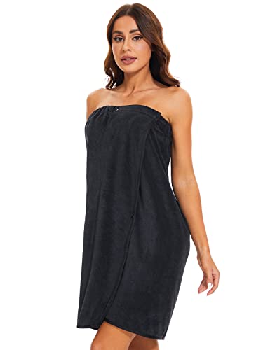 Knuffnee Women Bath Towel Robe Spa Body Wrap Shower Bathrobe Adjustable Snap Closure - color: Black, size: Small-Medium