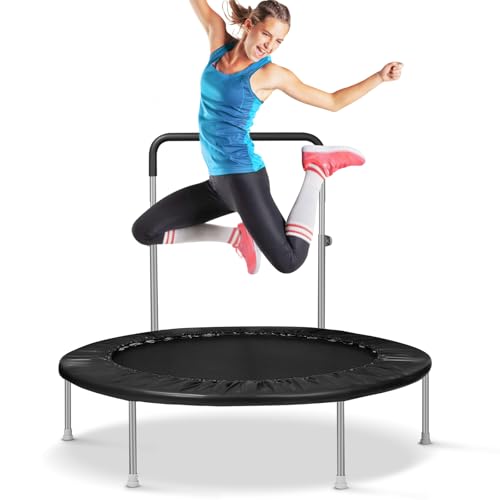 Lyromix 40" / 48" Rebounder Trampoline for Adults with Adjustable Bar, Mini Fitness Trampoline for Adults and Kids, Small Exercise Trampoline with Handle for Indoor Outdoor Workout - color: Dark Black