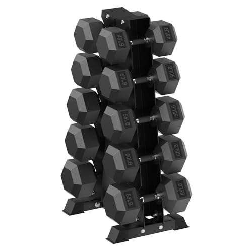 HANDBODE Hex Dumbbell Sets with Rack, 100-165 lb Rubber Encased Dumbbells for Strength Training, Exercise & Fitness, Home Gym Weight Set with Rack - style: 550 lb (45, 50, 55, 60, 65 lb) X 2 & Rack