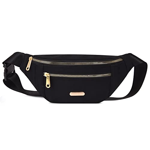 Crossbody Fanny Pack for Men&Women,Large Waist Bag & Hip Bum Bag with Adjustable Strap for Outdoors Workout Traveling Casual Running Hiking Cycling - color: Black Gold Zipper