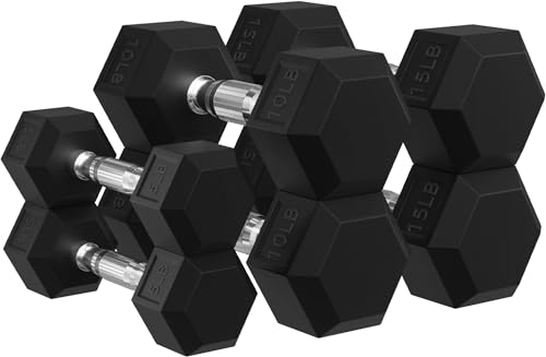 Signature Fitness Rubber Encased Hex Dumbbells with Optional Rack, 10 15 20LB Pairs and 5, 10 and 15 Pairs Weight Sets for Home Gym