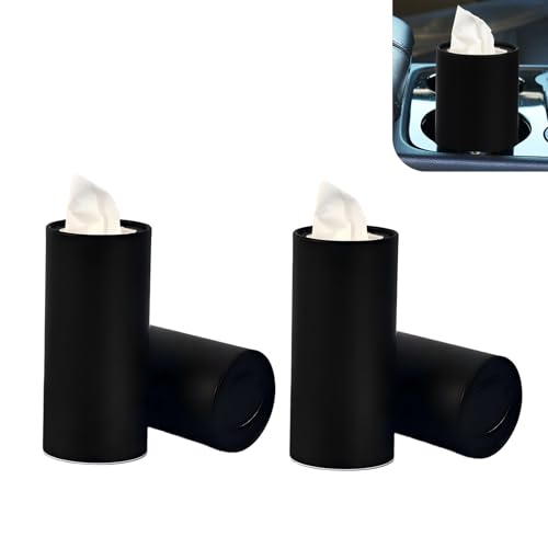 4 PCS Car Tissue Holder with Facial Tissues, Minimalist Solid Color Cup Holder Facial Tissue Cylinder, Portable Refillable Tissues Box Container, Universal for Car SUV Home Office (Black) - color: Black