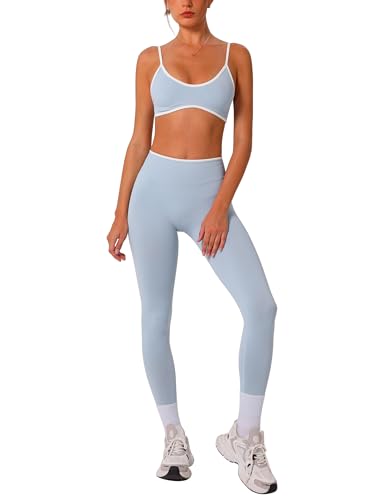 ABOCIW Womens 2 Piece Workout Sets Seamless Color Block Sports Bra Scrunch Butt Lifting High Waist Leggings Gym Set - color: Blue, size: Medium