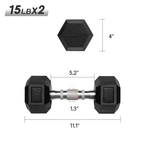 Ritfit 5-650 LBS PVC Encased Hex Dumbbell Sets with Optional Rack for Home Gym, Hand weight with Chrome Handle for Strength Training,Workouts - style: 2X15LBS