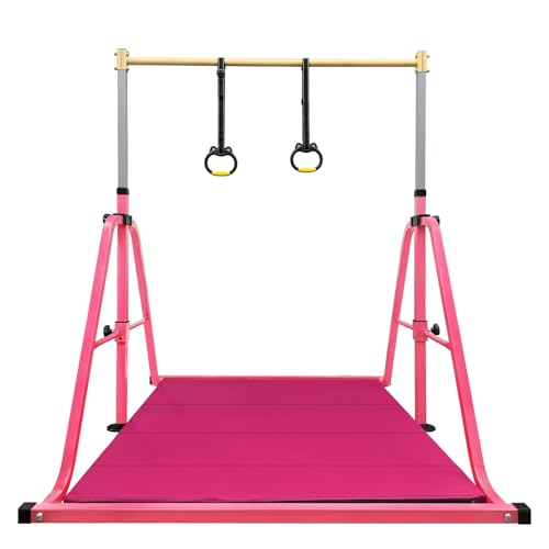Foldable Gymnastics Kip Bar with Mat and Ring Set,3' to 5' Height Adjustable,Kids Gymnastic Equipment for Ages 3-15,Indoor and Home Training- Max Load 350LBS