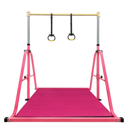Foldable Gymnastics Kip Bar with Mat and Ring Set,3' to 5' Height Adjustable,Kids Gymnastic Equipment for Ages 3-15,Indoor and Home Training- Max Load 350LBS