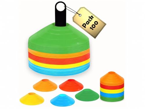 Soccer Cones 100/50/25 Pack with Carry Bag & Holder Five Colors | Agility Disc Cones Set for Training | Sports Practice Equipment for Soccer, Football, Basketball, Coaching & Speed