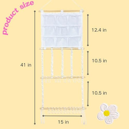 Hair Bows Organizer for Girls, Headband Holder | Hair Accessories Hanger, Cotton Rope, 9 Mesh Pockets & 20 Hooks, Large Capacity, Wall-Mounted Clip Storage, 41x15 in, Boho
