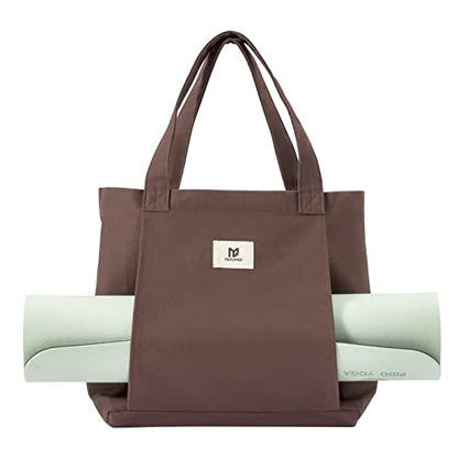 Moyaqi Canvas Tote Bag with Yoga Mat Carrier Pocket Carryall Shoulder Bag for Office, Workout, Pilates, Travel, Beach and Gym - color: Brown