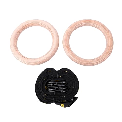 Wooden Gym Rings Birch Wood Rings Gymnastics with 1.5 Inch Numbered Straps Rotating Carabiner for Home Gym Strength Training