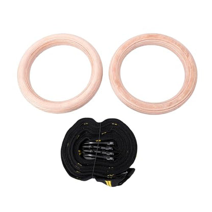 Wooden Gym Rings Birch Wood Rings Gymnastics with 1.5 Inch Numbered Straps Rotating Carabiner for Home Gym Strength Training