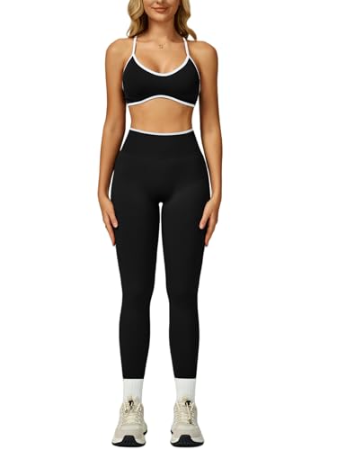 ABOCIW Womens 2 Piece Workout Sets Seamless Color Block Sports Bra Scrunch Butt Lifting High Waist Leggings Gym Set - color: Black, size: X-Small