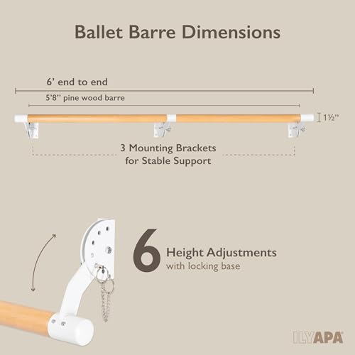 Ilyapa Ballet Barre Bare for Home - Wood Adjustable Wall Mount Ballet Bar Dance Equipment for Barre Workout & Ballet Stretching, Powdercoated White Brackets - size: 5 Ft 8 in.