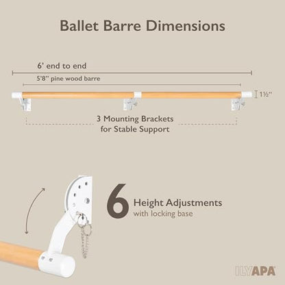 Ilyapa Ballet Barre Bare for Home - Wood Adjustable Wall Mount Ballet Bar Dance Equipment for Barre Workout & Ballet Stretching, Powdercoated White Brackets - size: 5 Ft 8 in.