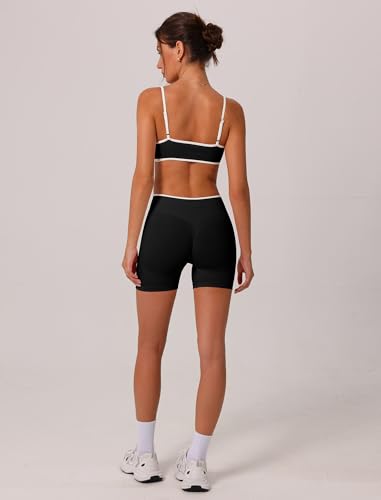 ABOCIW Womens Two Piece Workout Sets Color Block Sports Bra Seamless Hidden Scrunc Butt Lifting Biker Shorts Gym Set