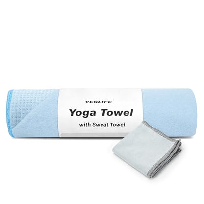 YESLIFE Non-Slip Extra Thick Hot Yoga Towel with One Sweat Towel, Microfiber Sweat Absorbent Yoga Mat Towel with Grip Dot, Pilates Mat, 72" x 24", Light Blue