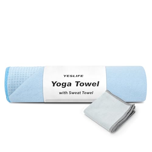 YESLIFE Non-Slip Extra Thick Hot Yoga Towel with One Sweat Towel, Microfiber Sweat Absorbent Yoga Mat Towel with Grip Dot, Pilates Mat, 72" x 24", Light Blue