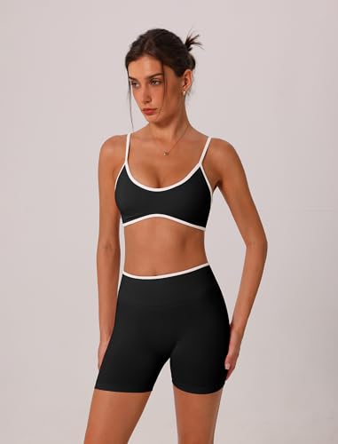 ABOCIW Womens Two Piece Workout Sets Color Block Sports Bra Seamless Hidden Scrunc Butt Lifting Biker Shorts Gym Set