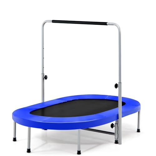 GYMAX Rebounder Trampoline for Adults, 60" Foldable Mini Kids Trampoline Indoor with 5-Level Height Adjustable Handle & Non-Slip Pads, Easy Assembly for Fitness Workout, Max Load 330lbs - color: Blue