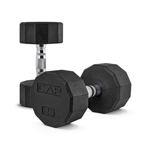 CAP Rubber Coated Dumbbell Weights, Free Weights for Home Gym Strength Training, Anti-Roll Hex Dumbbells with Black, Chrome & Comfort Grip Handles, Pairs & Sets - size: 25 lb - Pair, style: 12-Sided - Chrome Handle