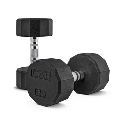 CAP Rubber Coated Dumbbell Weights, Free Weights for Home Gym Strength Training, Anti-Roll Hex Dumbbells with Black, Chrome & Comfort Grip Handles, Pairs & Sets - size: 25 lb - Pair, style: 12-Sided - Chrome Handle