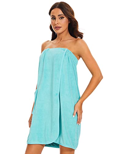 Knuffnee Women Bath Towel Robe Spa Body Wrap Shower Bathrobe Adjustable Snap Closure - color: Blue, size: Small-Medium