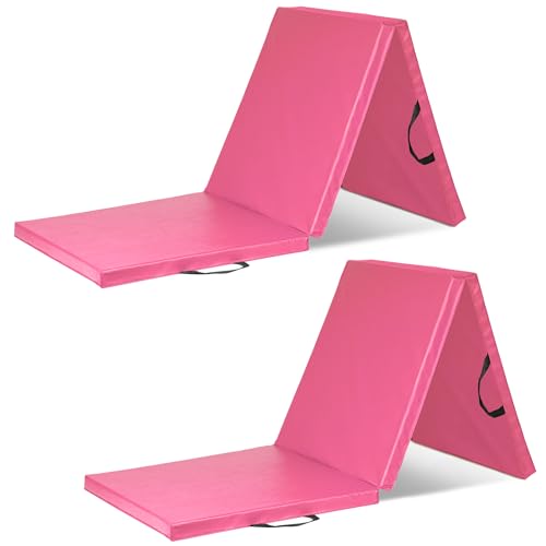 ProsourceFit Tri-Fold Folding Thick Exercise Mat 6’x2’ with Carrying Handles for MMA, Gymnastics, Stretching, Core Workouts - color: Pink, style: PACK OF 2