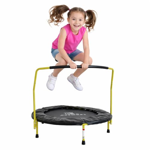 Teamson by Crowntec 36'' Round UV Resistant Steel Mini Trampoline with Handle and Safety Pad for Kids Removable Legs Indoor Outdoor Use Blue