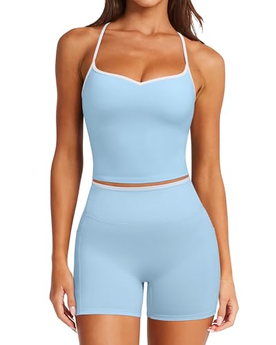 RXRXCOCO Color Block Workout Sets for Women 2 Piece Padded Strappy Tank Tops Hidden Scrunch Booty Shorts with Pockets - color: Light Blue, size: Small