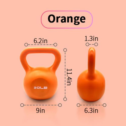 Vinyl Coated Kettlebell 20 lbs, Orange, Wide Smooth Handle, Flat Bottom, Strength Training for Home Gym Workout