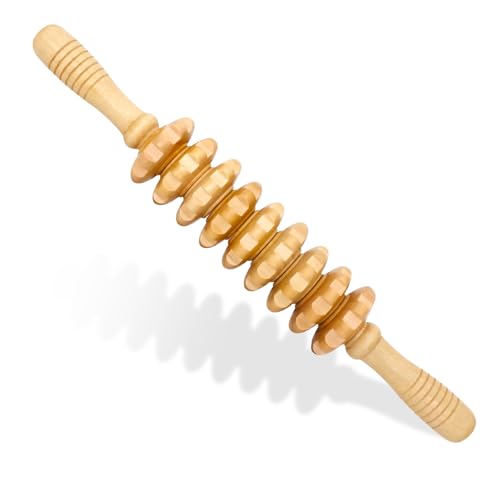 Wooden Fascia Massage Roller – Handheld Myofascial Release Massage Stick with Trigger-Point Knobs for Deep Tissue, Cellulite, Muscle Recovery & Circulation, Lymphatic Drainage Massager