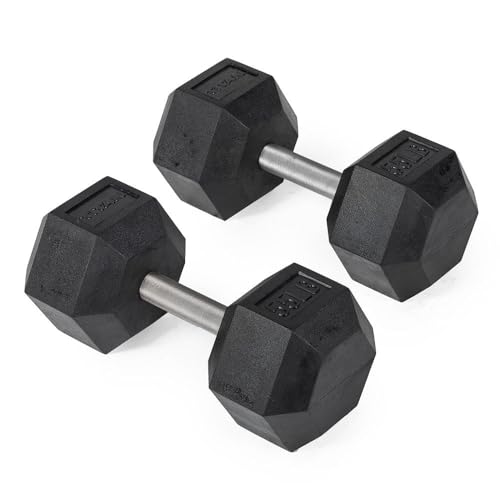Titan Fitness 55 LB Pair Free Weights, Black Rubber Coated Hex Dumbbell, Straight Stainless Steel Handle, Strength Training, Full Body Workout