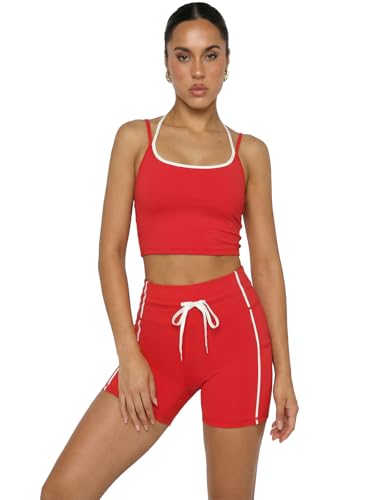 YOINS 2 Piece Women's Workout Sets Yoga Color Block Sports Bra and High Waisted Adjustable Biker Shorts with Pockets Set