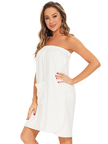 Knuffnee Women Bath Towel Robe Spa Body Wrap Shower Bathrobe Adjustable Snap Closure - color: White, size: Small-Medium