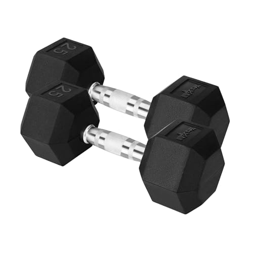 Yes4All Chrome/Rubber Grip Encased Hex Dumbbells – Hand Weights With Anti-Slip 10-30 LBS Pair - color: E. 25lbs - Pair, style: Chrome Grip