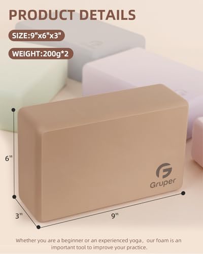 Gruper Yoga Blocks 2 Pack, 9"x6"x3" Exercise Blocks High-Density EVA Foam Blocks with Soft Non-Slip Surface, Lightweight Yoga Props for Yoga Pilates Meditation & Stretching