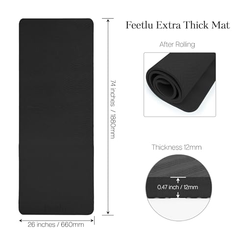 Extra Thick 12mm Exercise Mat – Non-Slip, Joint-Friendly & Cushioned Fitness Mat for Yoga, Pilates & Floor Workouts – Durable, Supportive & Includes Feetlu Classic Strap