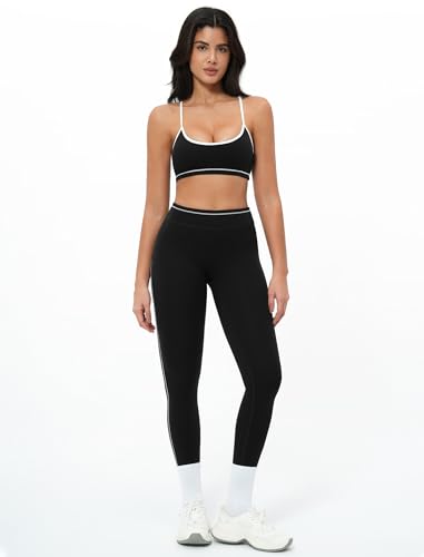 Women 2 Piece Workout Adjustable Strappy Color Block Sports Bra High Waist Tummy Control Leggings Yoga Pilates Outfits