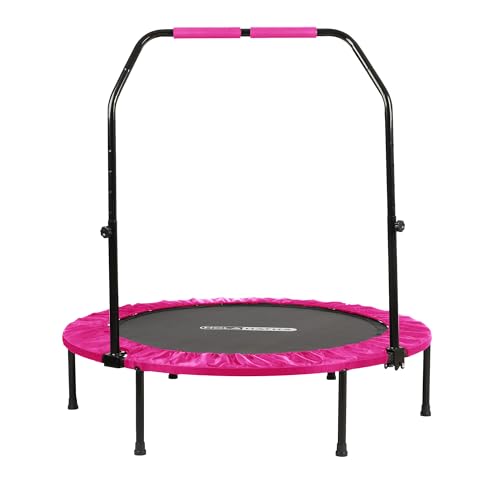 Foldable Mini Trampoline Home Gym Fitness Rebounder with 5 Level Adjustable Handle, Supportive 440 lb Capacity Workout Equipment, 40", Pink