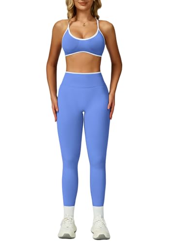 ABOCIW Womens 2 Piece Workout Sets Seamless Color Block Sports Bra Scrunch Butt Lifting High Waist Leggings Gym Set - color: Azure, size: X-Large