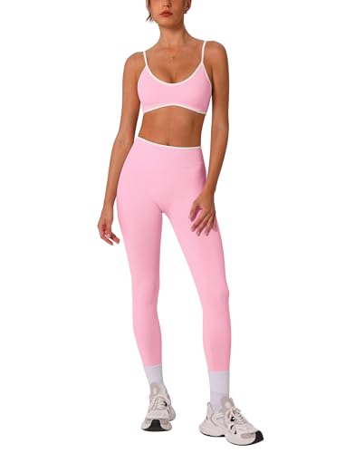 ABOCIW Womens 2 Piece Workout Sets Seamless Color Block Sports Bra Scrunch Butt Lifting High Waist Leggings Gym Set - color: Light Pink, size: X-Small