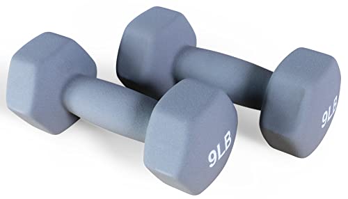 Fitvids Neoprene Dumbbell Hand Weights, Anti-Slip, Anti-roll, Hex Shape Colorful, Pair or Set with Stand - style: (9-Pound, Pair)