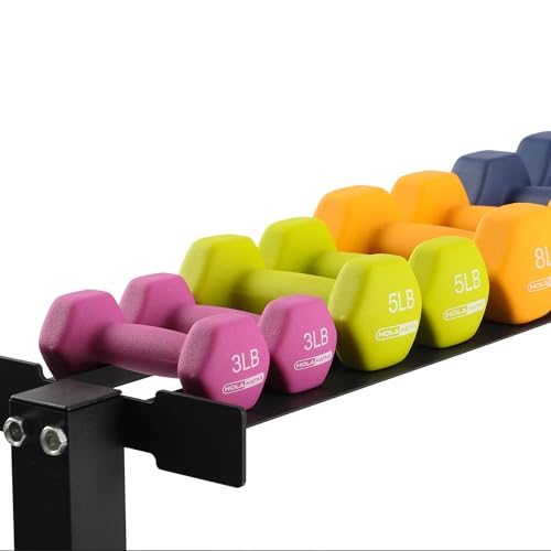 146 Pound Neoprene Coated Non Slip Dumbbells with Rack for Strength Training, Includes 3, 5, 8, 10, 12, 15, & 20 Pound Sets, Multicolor