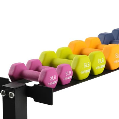 146 Pound Neoprene Coated Non Slip Dumbbells with Rack for Strength Training, Includes 3, 5, 8, 10, 12, 15, & 20 Pound Sets, Multicolor