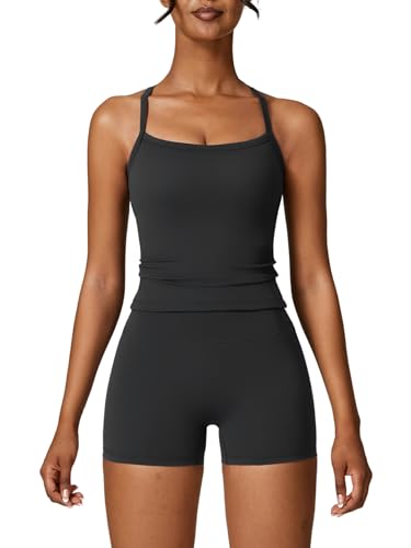 ABOCIW 2 Pieces Workout Sets for Women, Cross Back Tank Top Matching High Waist Biker Shorts, Gym Yoga Pilates Outfits - color: Black, size: X-Small