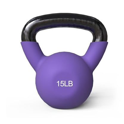 Mikolo Neoprene Coated Cast Iron Kettlebells 5-30LB Set, Solid Weight Set with Wide Grip Handle and Flat Bottom, Ideal for Full Body Strength Training at Home Gym - size: 15LB