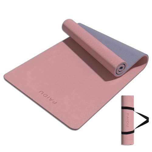 PAIDU Yoga Mat 8mm TPE Non‑Slip Fitness Mat with Strap for Home Workouts - color: Deep Pink&Grey