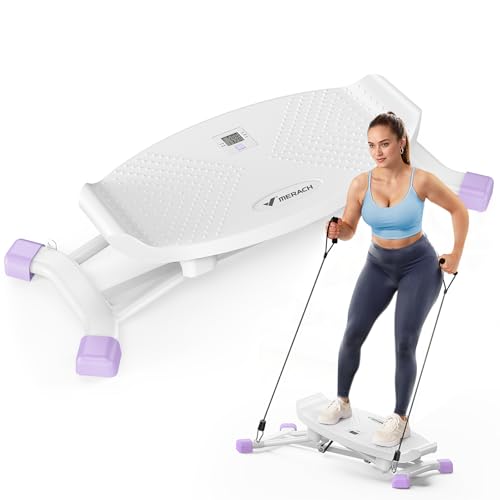 MERACH Balance Board for Adults, Rocking Stepper with Resistance Bands, Portable Wobble Board Featuring LCD Monitor, 300 lbs Capacity Ski Balance Trainer for Full Body Workout at Home Gym（Purple）