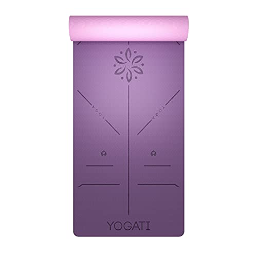 YOGATI® Yoga Mat with Strap with Alignment Lines. Home Workout Mat for Women, Men and Kids. Thick Non Slip Yoga Mat for Pilates and Fitness. Brown, Pink and Purple Yoga Mats