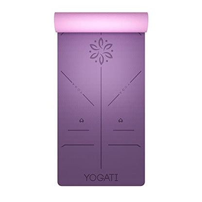 YOGATI® Yoga Mat with Strap with Alignment Lines. Home Workout Mat for Women, Men and Kids. Thick Non Slip Yoga Mat for Pilates and Fitness. Brown, Pink and Purple Yoga Mats
